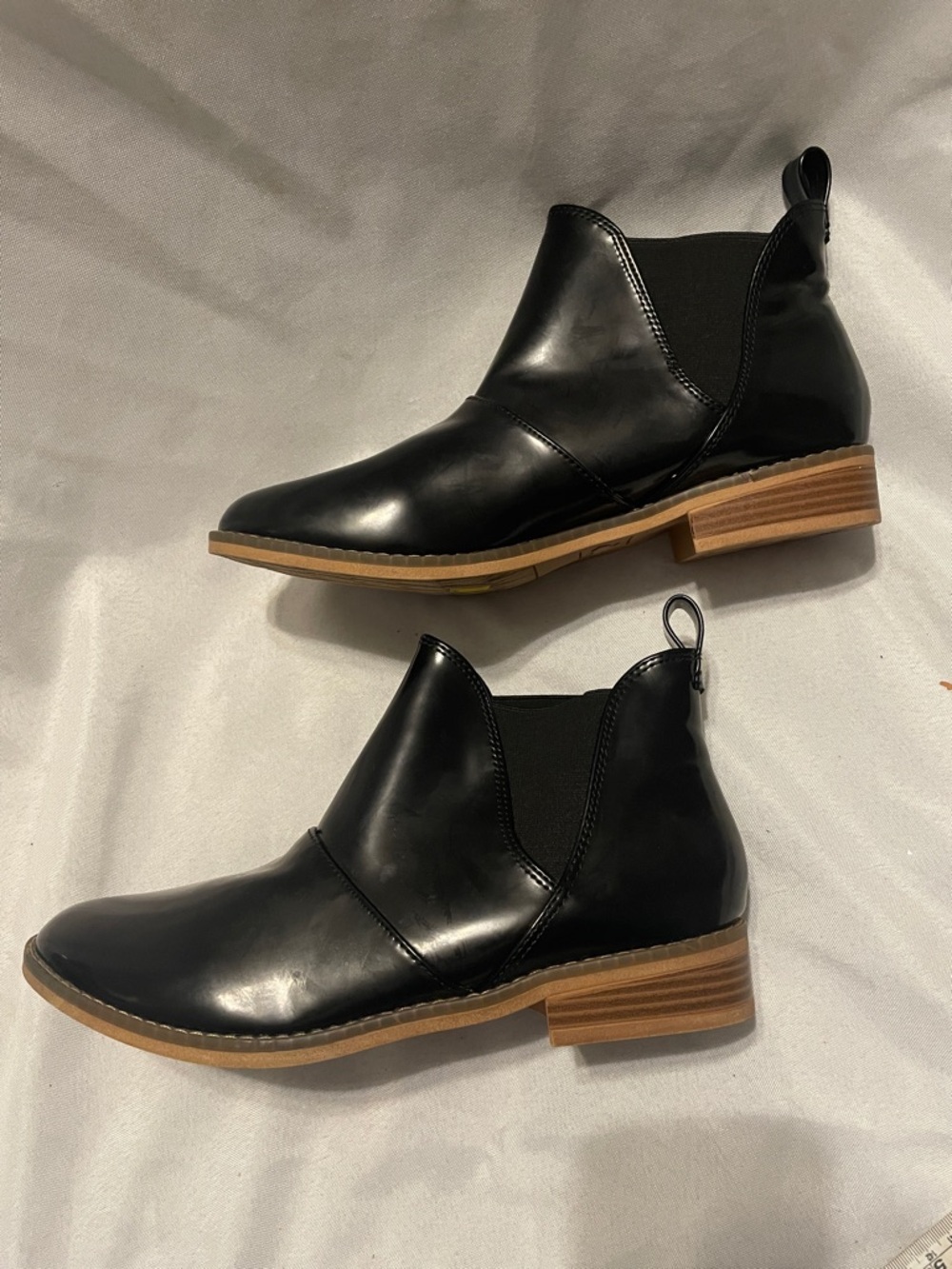 Rocket Dog Black Ankle Chelsea Booties with Tan Stacked Heel